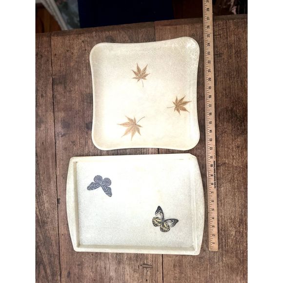 Vintage Fiberglass Set of 2 Lap Trays - Butterflies and Leaves, MCM Atomic Era - Picture 3 of 8